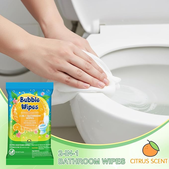 10 Pack Bathroom Cleaning Wipes 200 Count Citrus Scented 2-in-1 Bubble Wipes Cleaner for Bathroom Toilet, Sink, Tile & Shower -Reusable Sealable Pouch, No Scrubbing Needed