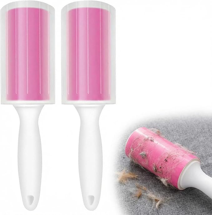 Washable Gel Lint Roller 2 Pack, Reusable Sticky Lint Roller Portable Pet Hair Remover Cleaner for Clothes, Travel, Home, Large with Cover, Pink