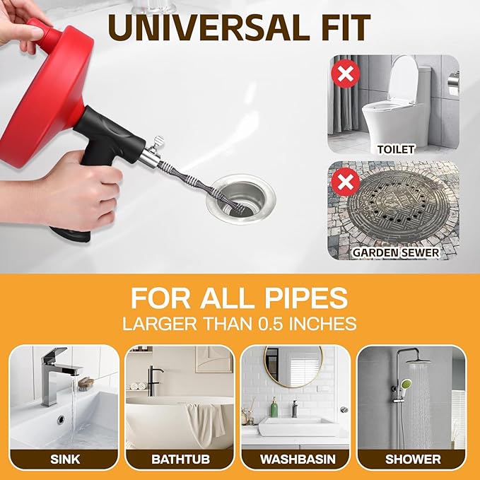 Drain Auger 33 ft, Plumbing Snake Hair Clog Remover Drain Snake Flexible Grabber Heavy Duty Sink Cleaner Tools for Shower Bathtub Bathroom Kitchen Pipe, Red