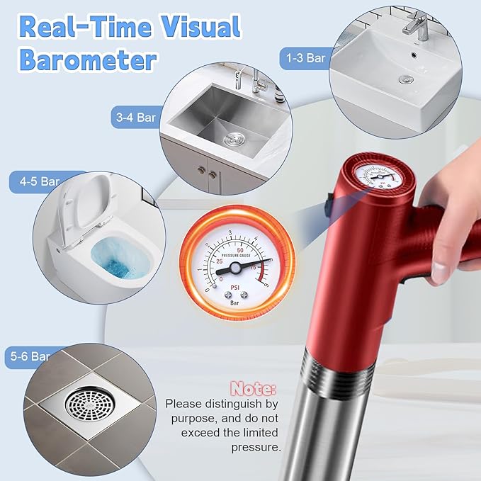 Electric Toilet Plunger with Real-time Barometer, Unclog in 1 Shot, High Pressure Toilet Plunger Drain Clog Remover Perfect for Bathroom, Floor, Shower, Kitchen Clogged (Red-Electric)