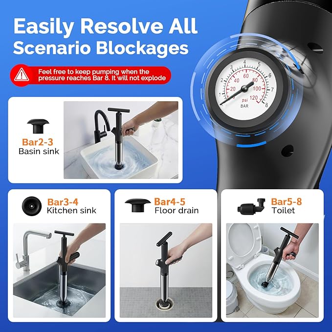 HAMITOR Toilet Plunger Drain Clog Remover: High Pressure Air Plunger & Heavy Duty Toilet Snake with Barometer for Sink, Drain Clogs - Unclogging Tool for Failed Traditional Plungers, Black