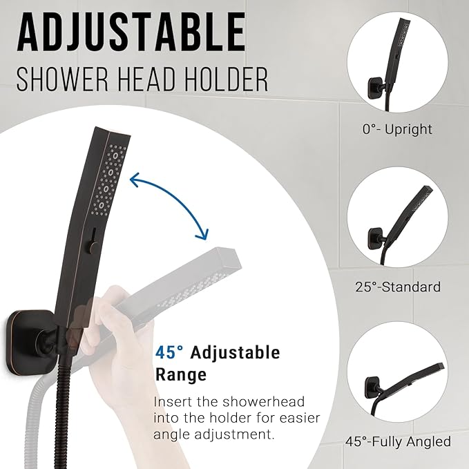 G-Promise All Metal Handheld Shower Head Holder, Adjustable Wall Mount Shower Wand Bracket, Strong Adhesive Disc Mount or Drill Installation (Square, Oil Rubbed Bronze)
