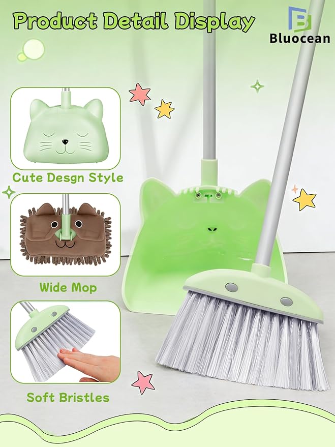 28'' Kids Mini Broom with Dustpan & Mop Set - Toddler Cleaning Toy, Toddler Household Helper, Parent-Child Interactive Play Cleaning Tool, Cute Cartoon Design, Small Safe Corner Broom (Green Sprout)
