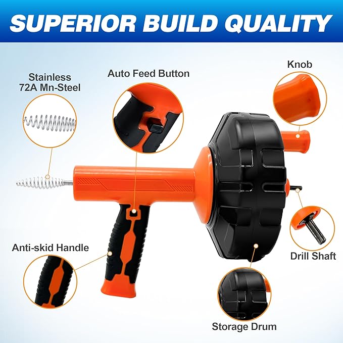Auto Feed Drain Auger with Drill Adapter, 33 Feet Drain Snake Hair Clog Remover, Manual or Powered Plumbing Snake Drain Cleaner for Bathroom, Shower, Kitchen Sink, Comes with Gloves