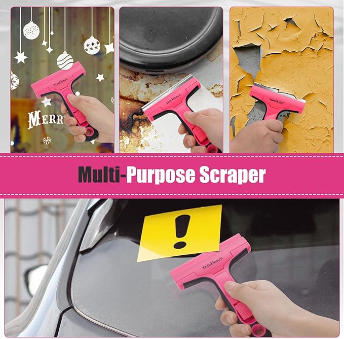 THINKLEARN Razor Blade Scraper Tool, 4" Razor Scraper with 20Pcs Replacement Blades, Pink Glass Scraper for Removing Decals, Tint, Stickers, Labels, Caulk, Adhesive from Window, Oven, Stove Top