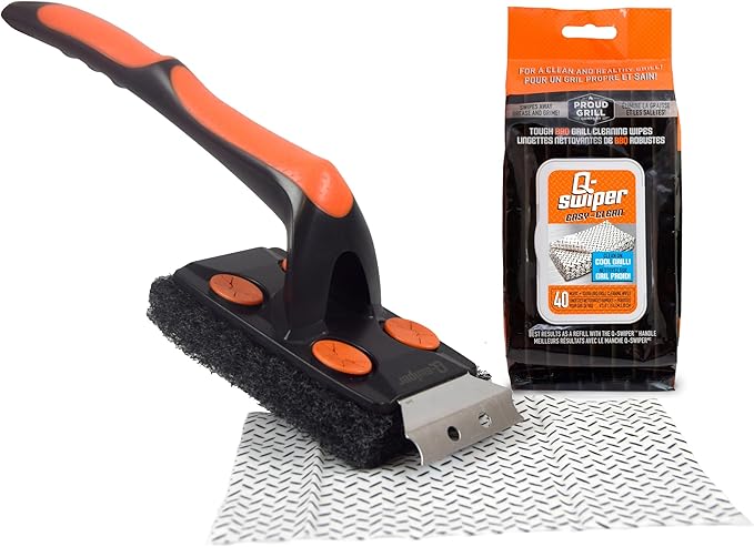 Proud Grill Q-Swiper XL BBQ Grill Brush Cleaner Set - 1 Long Grill Brush with Scraper & 40 Cleaning Wipes, Easy-Clean, Bristle & Wire Free, Grease & Grime Remover, Cleaner Kit for Outdoor Smoker