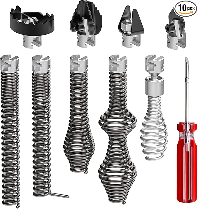 10Pcs Drain Snake Drill Attachment, Includes 4 Cutters and 5 Spirals, Drain Auger Cutter Kit, Compatible with K-400,C-4,C-6,C-7,C-8,and C-9 Models