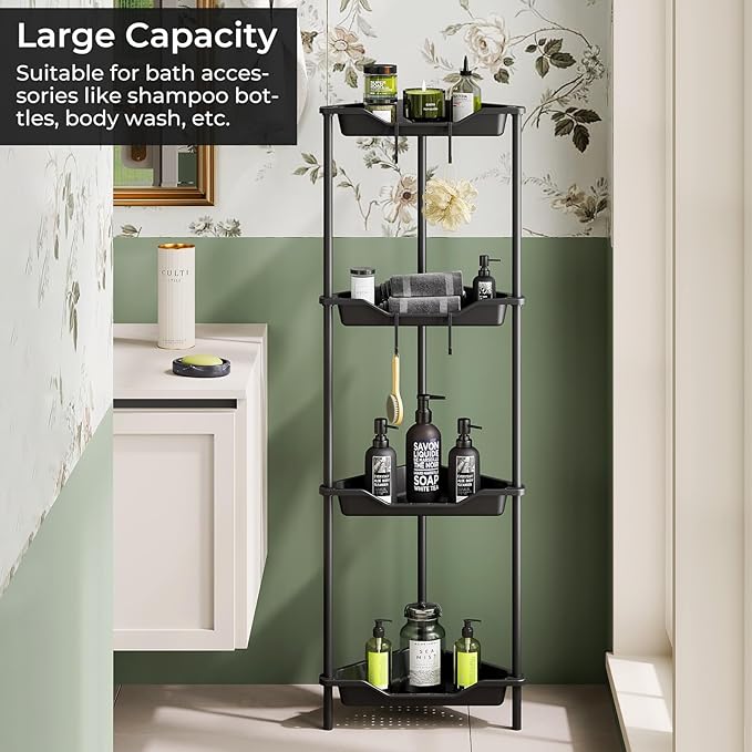 ODesign 4 Tier Corner Shower Caddy,Corner Shelf Stand for Living Room Bedroom Bathroom,Shower Table,Plastic Metal Splicing Ground Cabinet Storage Rack,Standing Shower Organizer Black - Rustproof