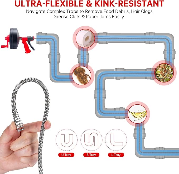 Drain Snake Hair Drain Clog Remover,SEVVETROOL Plumbing Drain Auger Snake Drill Attachment Toilet Snake Auger for Bathroom Kitchen Tub Shower Drain Clog Remover with Gloves(33ft/10M)