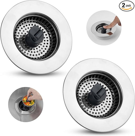 Hibbent 2 Pack 3 in 1 Kitchen Sink Drain Strainer, Stainless Steel Wrapped Shell Drain Stopper Combo, Pop Up Sink Stopper, Stainless Steel Anti-Clogging Basket Strainer for US Standard 3-1/2" Drain