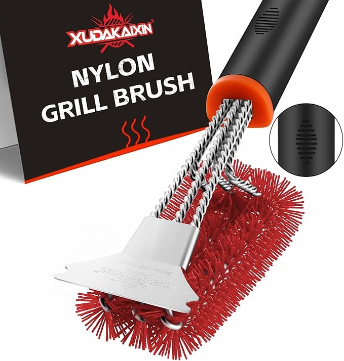 XUDAKAIXIN Grill Brush and Scraper, Safe Nylon Bristles Barbecue Outdoor Grill Brush for Cooled Grates, Extra Strong BBQ Cleaner Accessories(Red)
