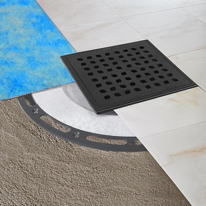 Square Shower Drain, 6-Inch Matte Black Kit with Bonding Flange, Removable Stainless Steel Grate & Hair Strainer, Fits 2" & 3" Pipes for Tiled Floors