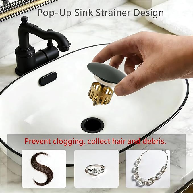 Bathroom Sink Drain, with Overflow, Pop up Sink Drain Stopper with Strainer Plug for Vessel Sink Lavatory Vanity, SUS 304 Stainless Steel, Matte Black