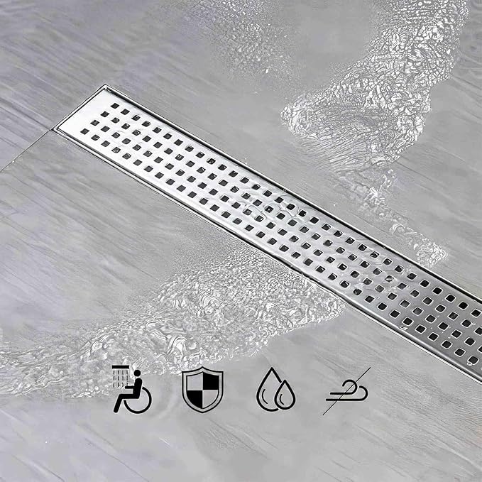 SaniteModar Linear Shower Drain,Linear Drain 28 inch with Removable Square Hole Panel, AISI304 Brushed Stainless Steel Shower Floor Linear Drain with Adjustable Feet and Hair Catcher