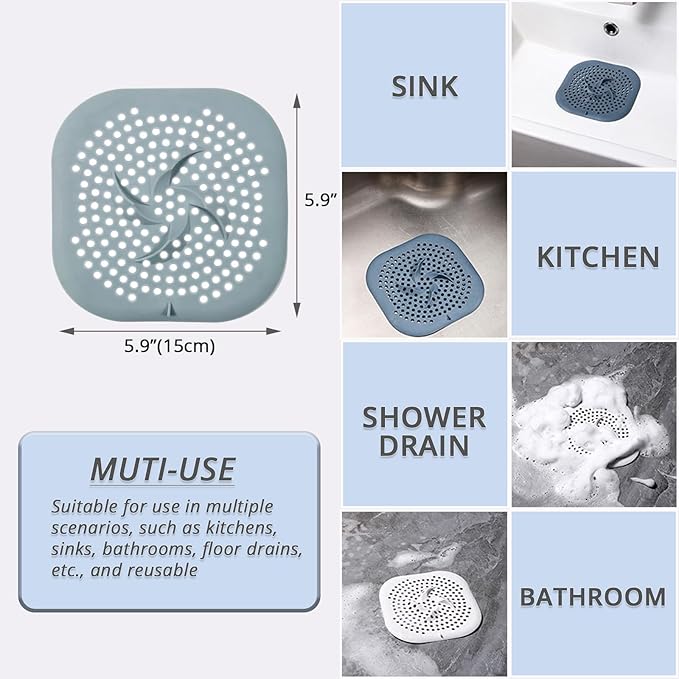 Drain Cover with Suction Cups, 4 Pack Hair Catcher Shower Drain Strainer Protector with TPR Material for Bathroom, Bathtub, Kitchen Sink, Easy to Clean, Household Use (Blue, Grey, Green, White)
