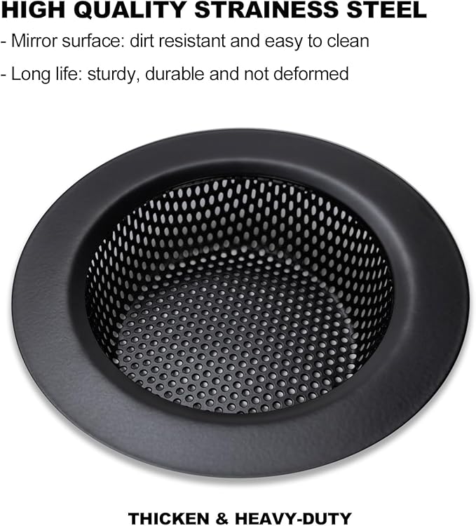 Black Kitchen Sink Drain Strainer, Sink Drain Cover, Food Catcher, Large Wide Rim 4.5" Diameter, Stainless Steel, Pack of 2