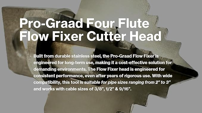 1.6” Spear 4 Flute Flow Fixer Drain Cleaner Plumbing Snake Cutter Head for 2” – 3” Pipes, Clears & Scrapes Inner Walls, Fits 3/8” 1/2" or 9/16” Cables, Commercial & Residential Use