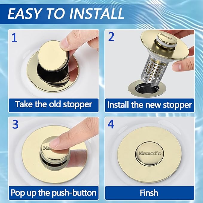 Bathroom Sink Drain Strainer, Stainless Steel Pop-up Strainer Basket Hair Catcher with Removable Basket, Brass Bullet Core, Universal Fit 1.1-2.36 Inch (Brushed Gold (2PCS))