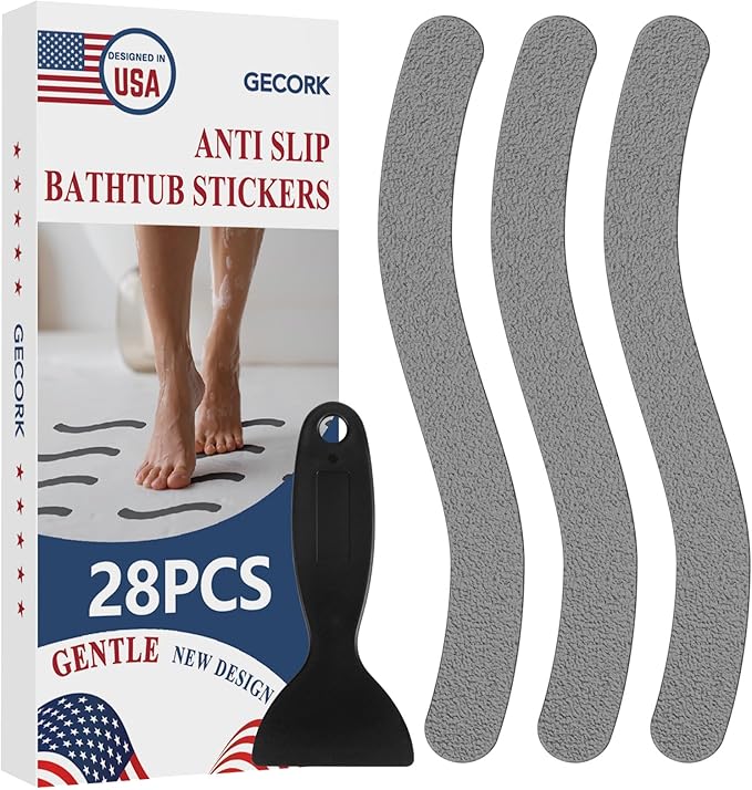 28 PCS Shower Floor Non Slip Stickers with Strong Adhesive, Invisible & Durable Anti Slip Shower Stickers with Scraper for Bath Tub, Pools and Stairs(Grey,Wavy)
