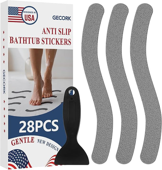 28 PCS Shower Floor Non Slip Stickers with Strong Adhesive, Invisible & Durable Anti Slip Shower Stickers with Scraper for Bath Tub, Pools and Stairs(Grey,Wavy)