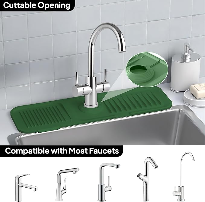 17 Inch Silicone Faucet Mat for Kitchen Sink Splash Guard & Draining Tray Sink Protector with Soap & Sponge Holder Green (Purest Peak)