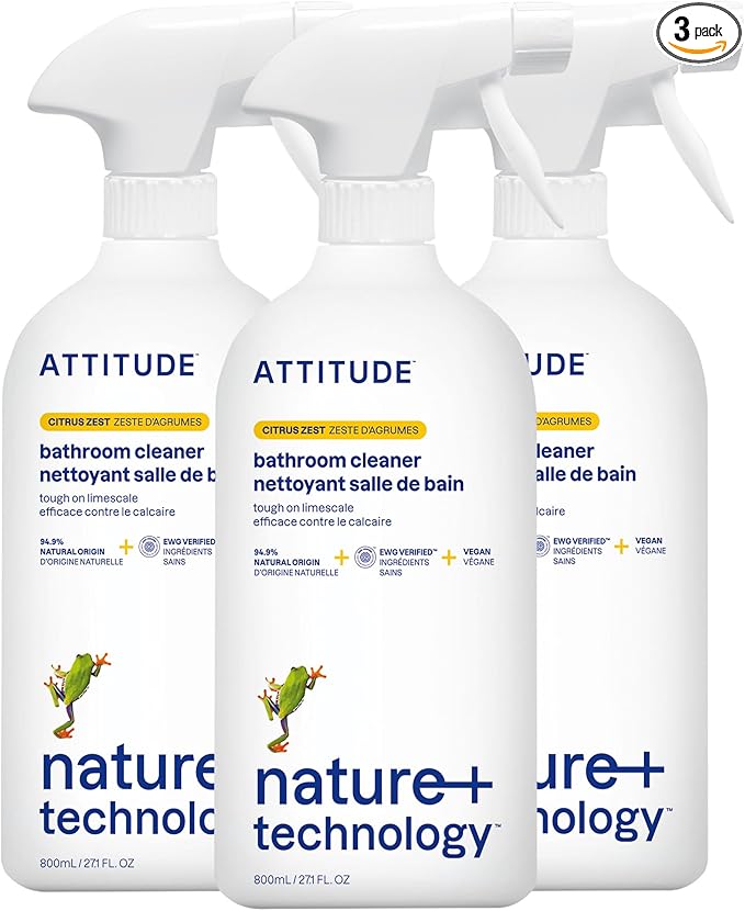 ATTITUDE Bathroom Cleaner Spray, EWG Verified, Plant-Based & Vegan, Safe for Bathroom Surfaces, Tiles, Tubs, Shower Walls, and Grout, Citrus Zest Scent, 27.1 Fl Oz (Pack of 3)