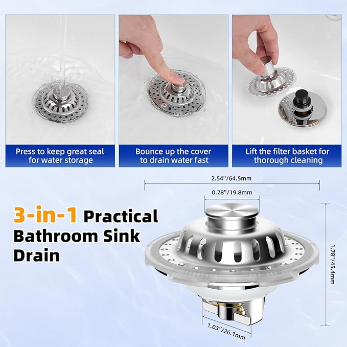 Universal Bathtub Drain Stopper Shower Hair Catcher Bathroom Sink Strainer, Tub Stopper with Visible Top Strainer, Brass Metal 3 in 1 Stopper for Standard 1.1''~2.36'' Hole, Transparent Edge, Chrome