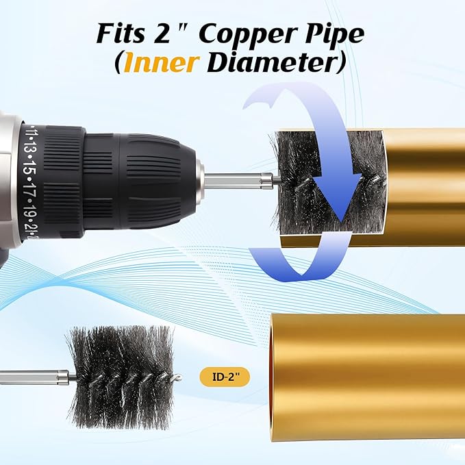 2" Copper Pipe Cleaner for Drill Set Includes External Stainless Steel Wire Bore Brushes, Internal Tube Cleaning Brushes, Replacement Plumbing Tools (3 Pcs)