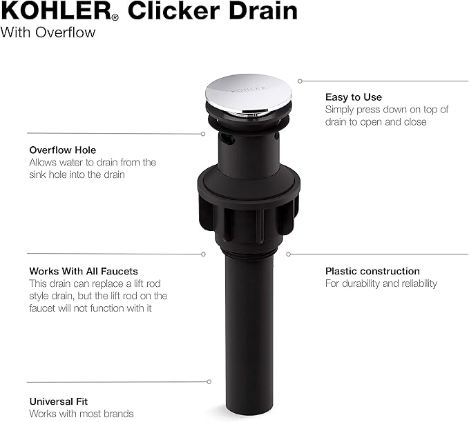 Kohler RH1274364-CP Clicker Drain with Overflow in Polished Chrome