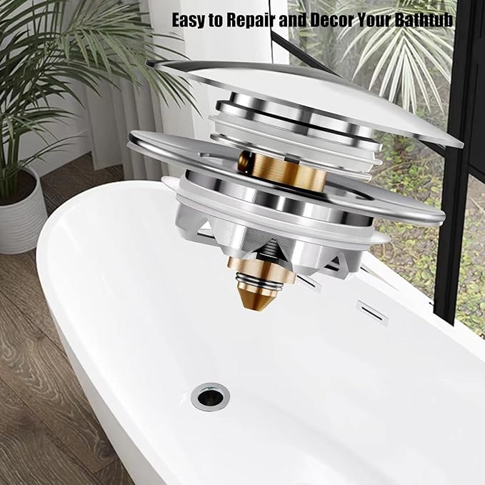 Bathtub Drain Stopper, Pop Up Tub Stopper and Cover, Bottom with Hair Catcher, Universal for 1.45 to 1.8in Drain, Replaces Old Drain Plug, Chrome Silver