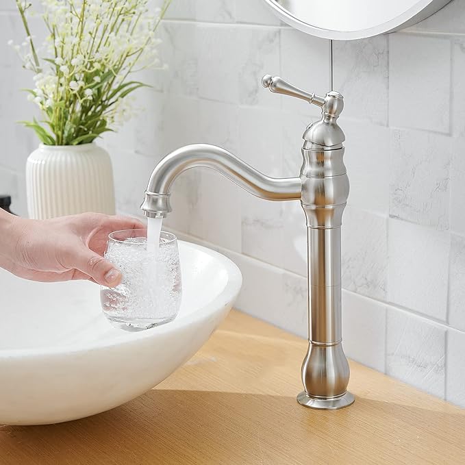 Brushed Nickel Vessel Sink Faucet 360° Swivel for Bathroom Single Hole Farmhouse Tall Commercial Vanity Matching Pop Up Drain Without Overflow