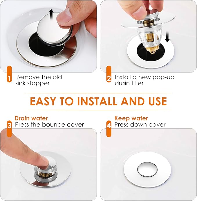 Universal Bathroom Sink Stopper, Basin Pop-up Bathroom Sink Drain Strainer, Bathroom Drain Stopper with Stainless Steel Hair Catcher for 1.1-1.5 Inch Drain(1 PCS, Silver)