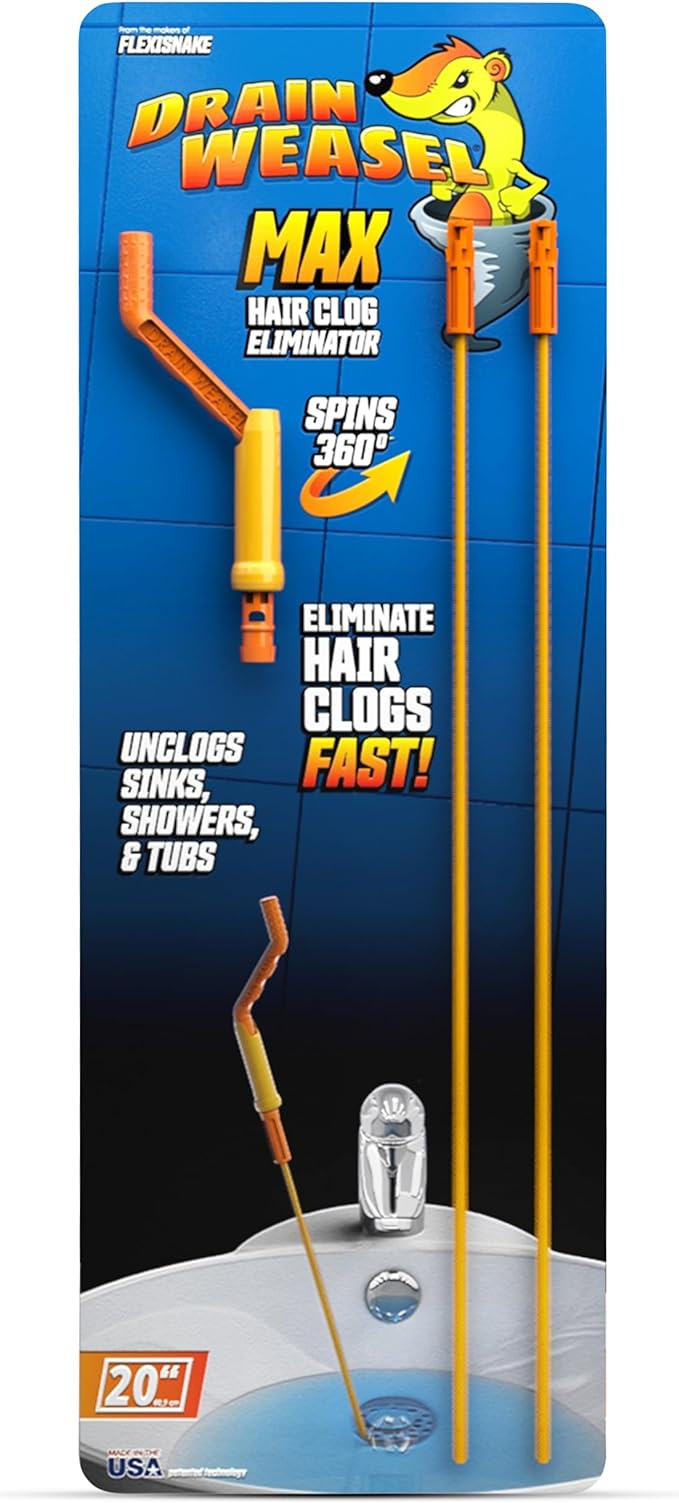 FlexiSnake Drain Weasel MAX Drain Hair Clog Remover Tool with Rotating Handle and 2 Wand Refills, Made in the USA, 20 inch