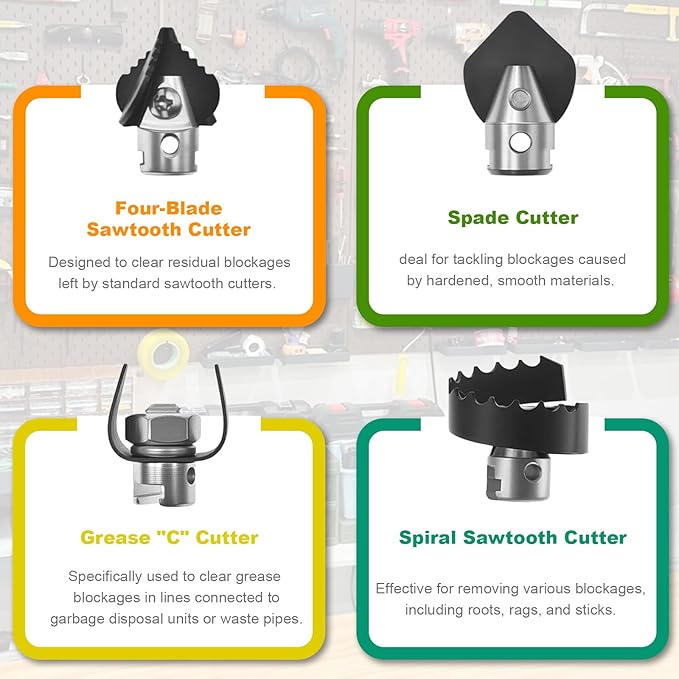 10Pcs Drain Snake Drill Attachment, Compatible with K-400, C-4, C-6, C-7, C-8, C-9, Drain Auger Cutter Kit for 5/8" Drain Snake Cable Heads Tips, Includes 4 Cutters and 5 Spirals