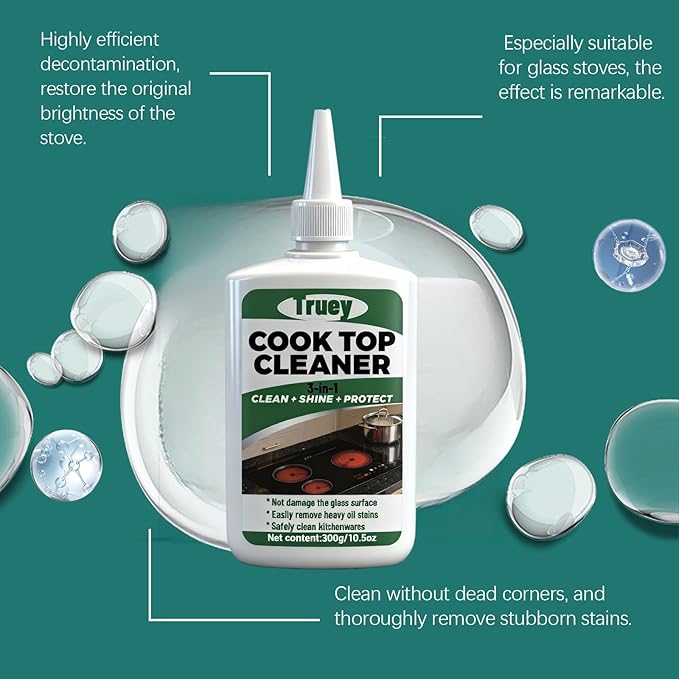 Truey Glass Cooktop 3-in-1 Cleaner Kit, Removes Grease & Burnt-On Food, Safe for Gas, Induction, Electric Cooktops & Air Fryers, Stove Top Polish and Shine, Multi-purpose Cleanser (300g) (1)