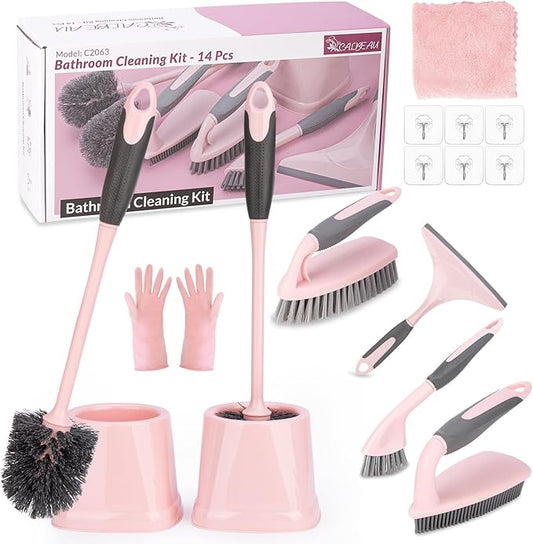 Toilet Brush, 2 Pack Toilet Scrubber Brush and Holder Set Bathroom Accessories, 14 Pcs Bathroom Cleaning Kit, Pink Toilet Bowl Brush and Holder with 5 Brush for Bathroom Bathtub Washbasin