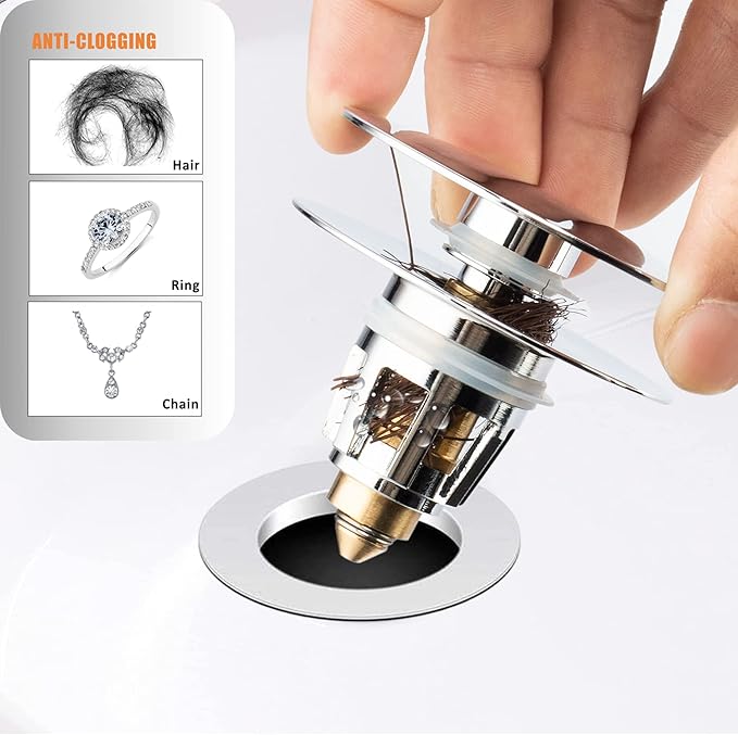 Artiwell Universal Bathroom Sink Drain Stopper, Fits Most Pop-Up Drains for Vessel Sink Lavatory Vanity, Sink Drain Strainer with Detachable Hair Catcher, Tested by Plumber in US (Chrome Plated)