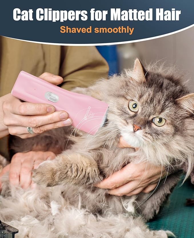 oneisall Pet Clipper for Cat Matted Hair, Pet Shaver for Cats Quiet Pet Hair Clippers Cordless Cat Clippers for Matted Hair Cat Clippers for Long Hair（Pink）