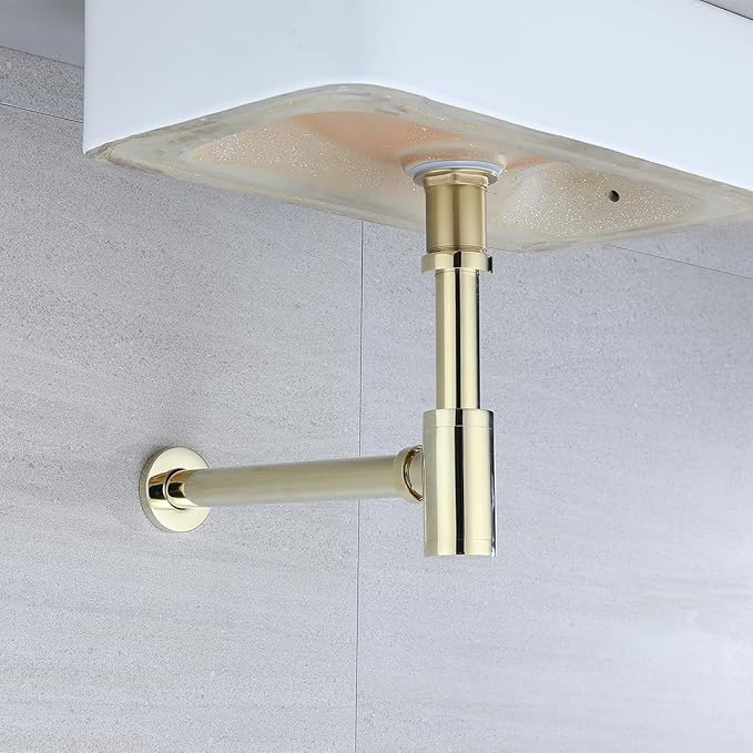 RANDOM Light Gold Polished Brass Contemporary Round Bottle P Trap 1 1/4,Basin Sink Waste Drain P Trap Kit.