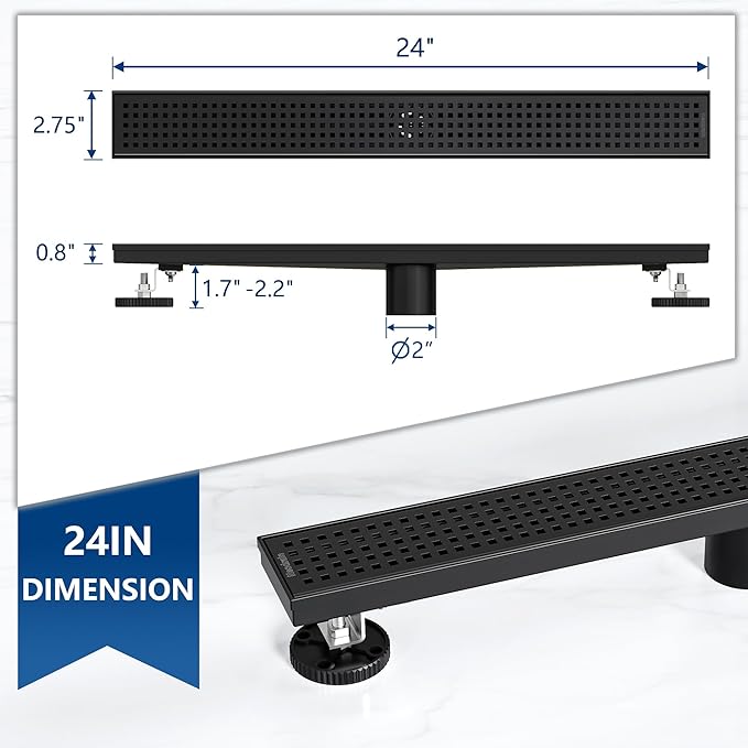 Neodrain 24-Inch Black Linear Shower Drain with Removable Quadrato Pattern Grate, 304 Stainless Steel Rectangle Shower Floor Drain, Linear Drain with Leveling Feet, Hair Strainer, Matte Black