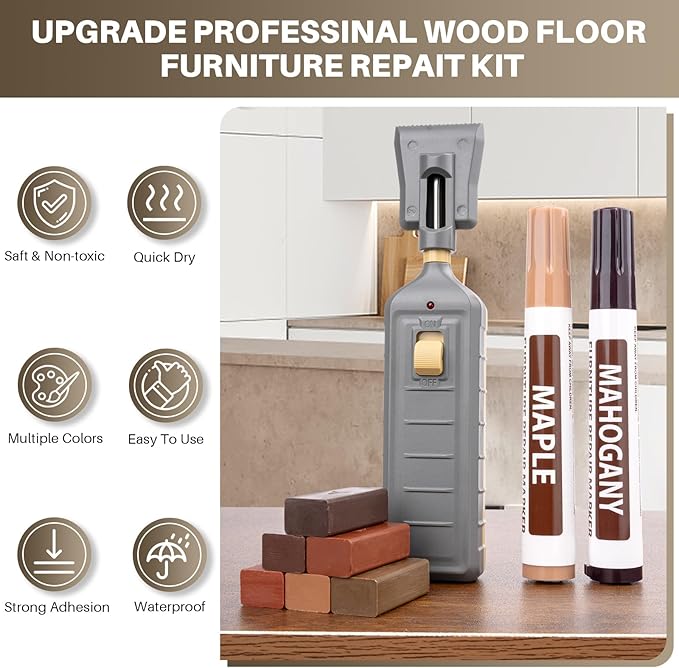 Laminate Floor Repair Kit with Heat Pen,Linoleum Repair Hard Wax 6 Color Wood Vinyl Floor Furniture Repair Kit Touch Up Marker Cover Scratches, Stains,Cabinet, Table Cracks, Holes for Door