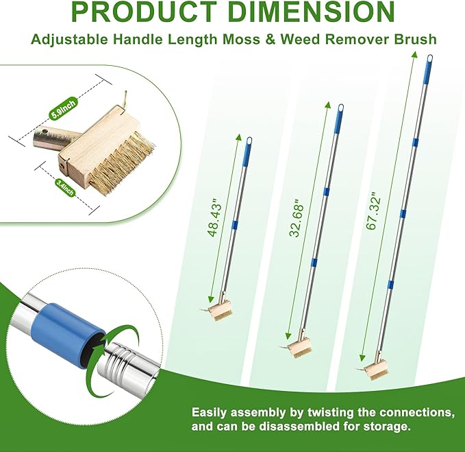 Moss Remover Brush Crack Weeder Tool Stainless Steel Crevice Weeder with 2 Brush Heads - Long Handle Weed Puller for Deck, Patio, Walkway, Driveway Crevice Cleaning Tool (Moss Remover Tool-2)
