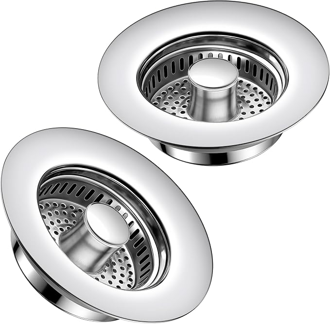 Kitchen Sink Drain Strainer 2 Pack, 304 Stainless Steel Pop Up Sink Stopper, Anti-Clogging Sink Drain Strainer for US Standard Kitchen Drain (Chrome)