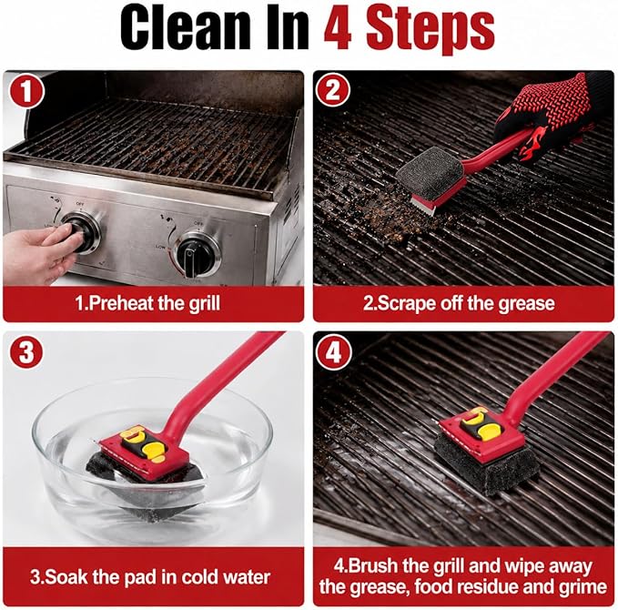 Grill Brush Bristle Free with Scraper,Grill Cleaner Brush with 2 Replacement Heads and Heat Resistant Gloves,Safe Grill Brush for Outdoor Grill,BBQ Grill Brush for Any Grill