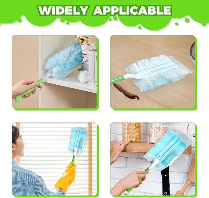 10PCS Duster Refills Folding Handles Set Compatible with Swiffer Dusters,Disposable Static Dust Removal Brush Handle for Dusting Electronics,Furniture,Blinds,Ceiling Fans (10, Green)