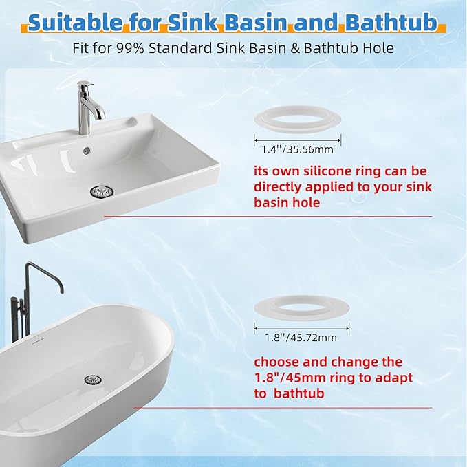 2PACK Universal Bathtub Drain Stopper Shower Hair Catcher Bathroom Sink Strainer, Tub Stopper with Visible Top Strainer, Brass Metal 3 in 1 Stopper for Standard 1.1''~2.36'' Hole, Brushed Nickel