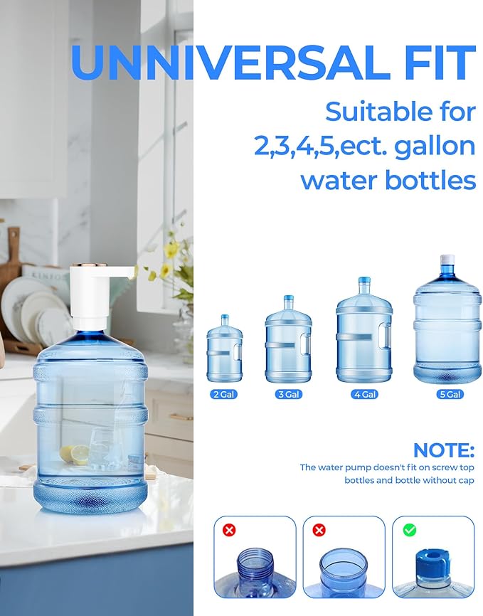 Water Bottle Pump, Portable Electric Water Dispenser Pump for 5 Gallon Bottles - USB Charging, Automatic Switch, Rechargeable Battery for Home Kitchen Room Camping