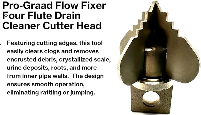1.6” Spear 4 Flute Flow Fixer Drain Cleaner Plumbing Snake Cutter Head for 2” – 3” Pipes, Clears & Scrapes Inner Walls, Fits 3/8” 1/2" or 9/16” Cables, Commercial & Residential Use