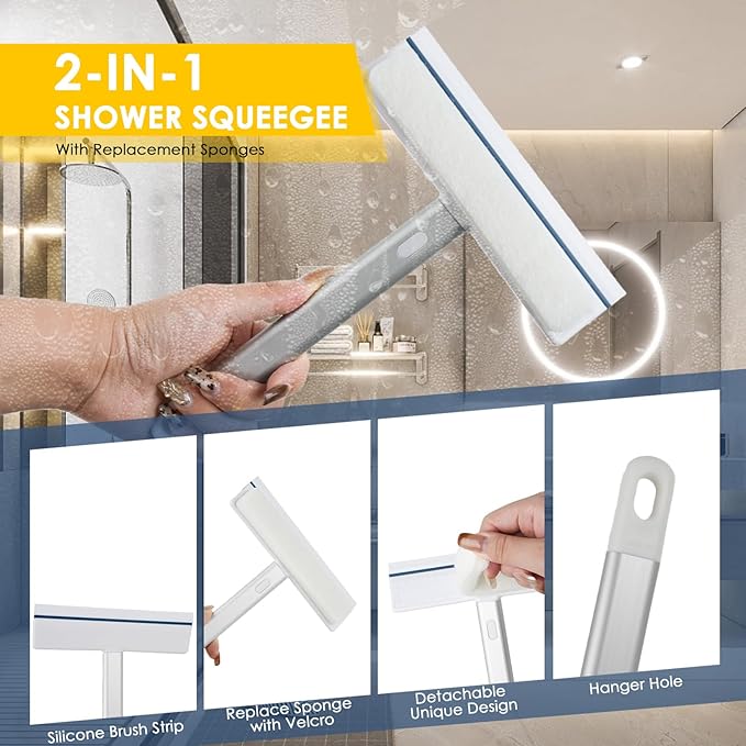3 Pack Bathroom Shower Scrub Brush Set - Detachable Stiff Bristle Grout Cleaner Brush, 2-in-1 Shower Glass Squeegee with Replacement Sponges, Scrubbing Brushes for Cleaning Bathtub, Gaps, Tile, Sink