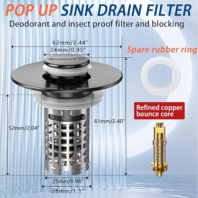 Bathroom Sink Drain Strainer, Stainless Steel Pop-up Strainer Basket Hair Catcher with Removable Basket, Brass Bullet Core, Universal Fit 1.1-2.36 Inch (Matte Black (2PCS))